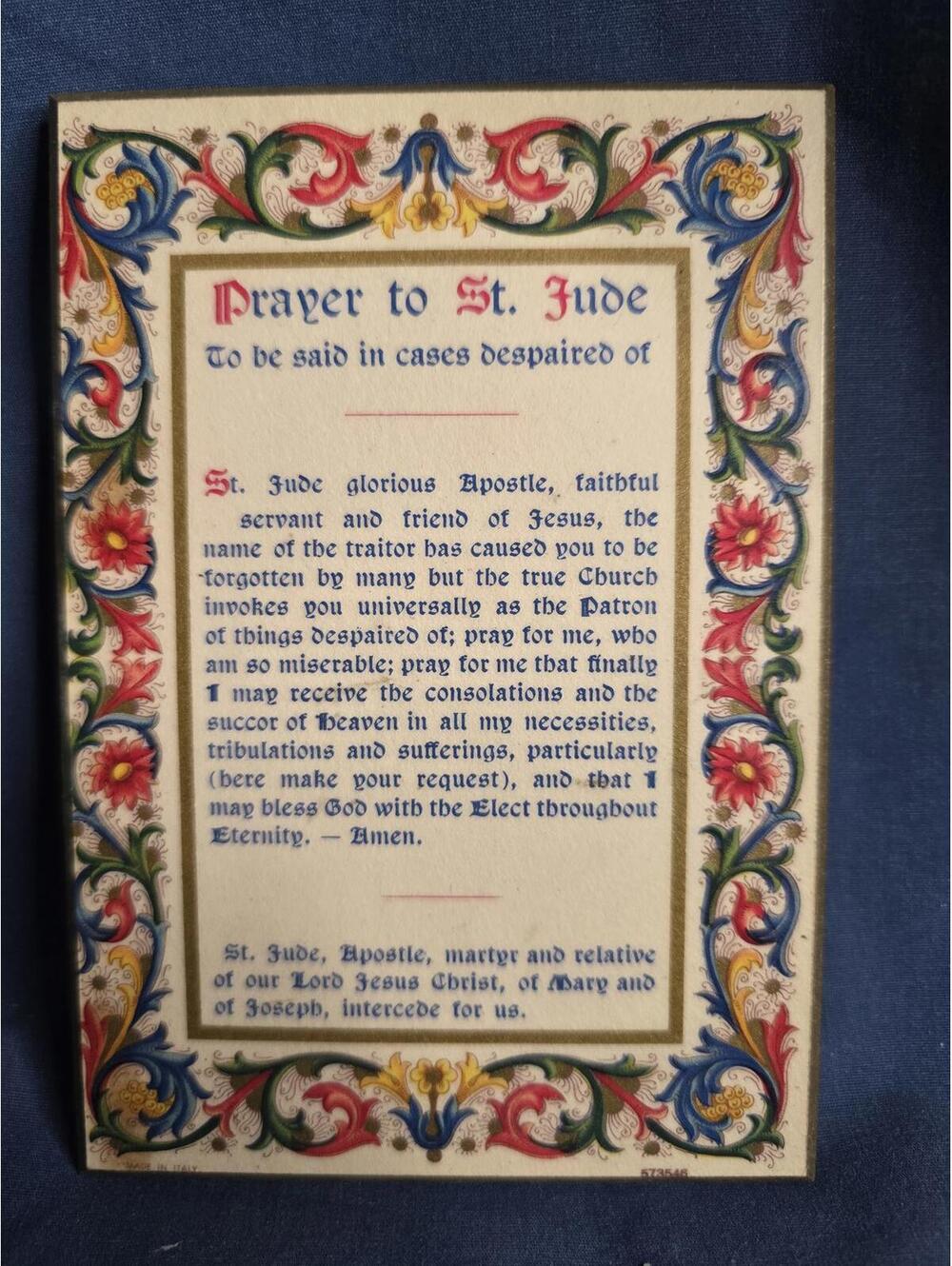 Vintage St. Jude Prayer Wall Plaque with Decorative Floral Border